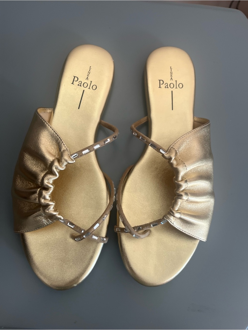 Paolo Metallic Gold Ruched Slide Sandals with Beaded Straps